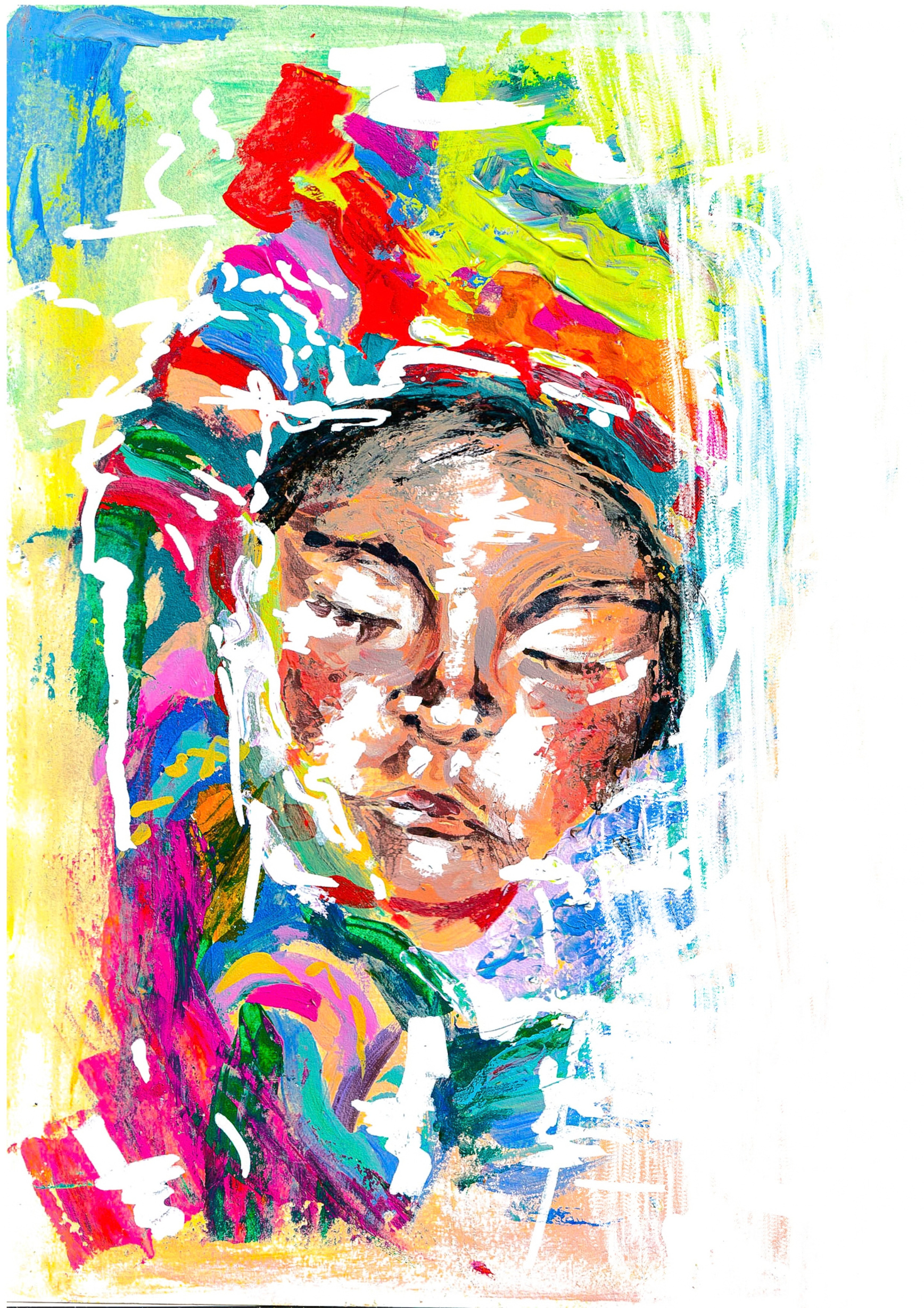 Acrylic portrait painting by Valentina Quispe — a child with closed eyes in vivid colour