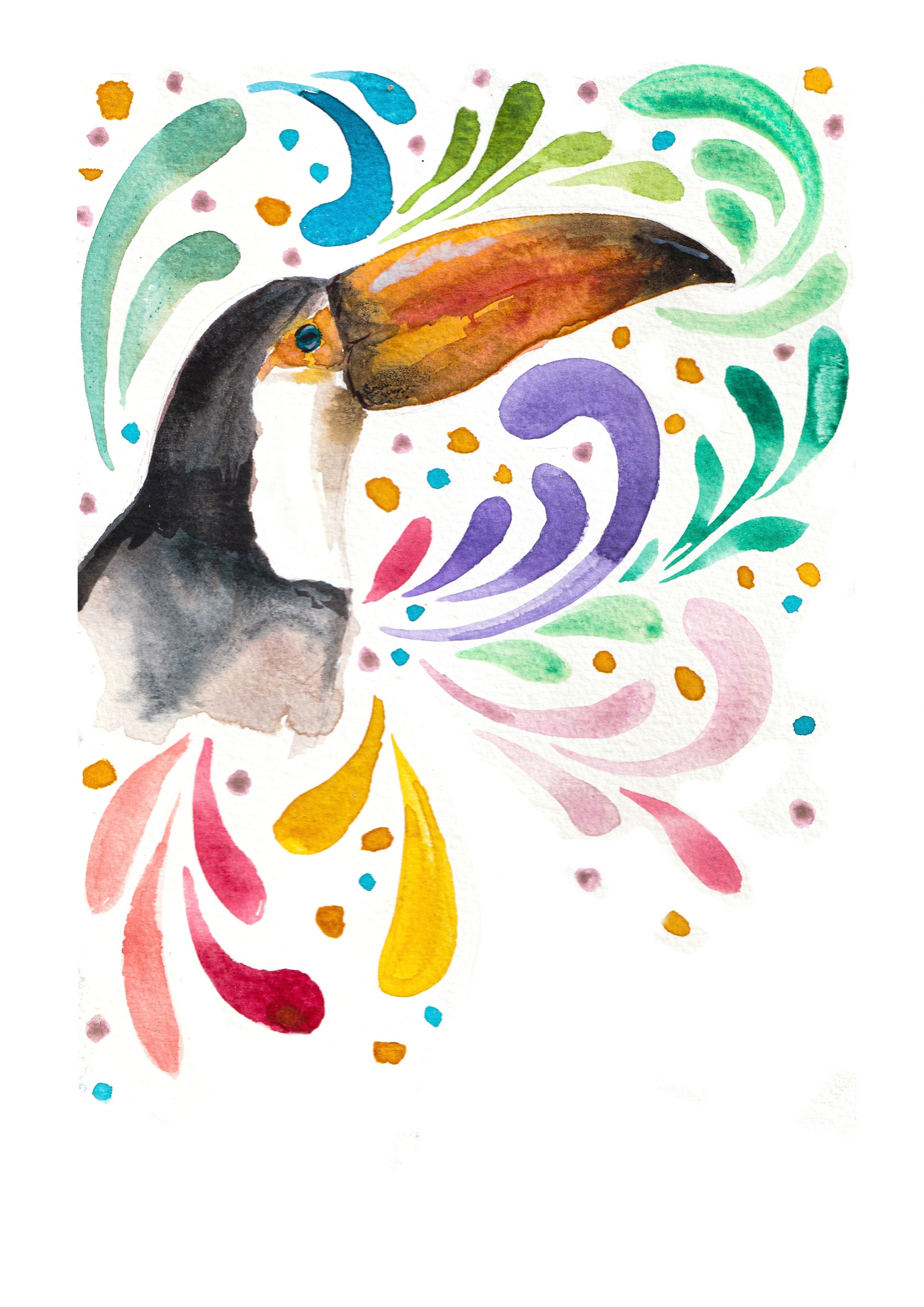 Watercolour toucan illustration with colourful brush strokes